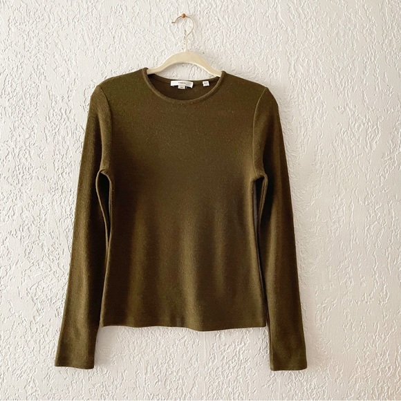 Vince Wool Blend T-Shirt Top Long Sleeve Crewneck Knit Layering Pullover Green - Picture 3 of 8